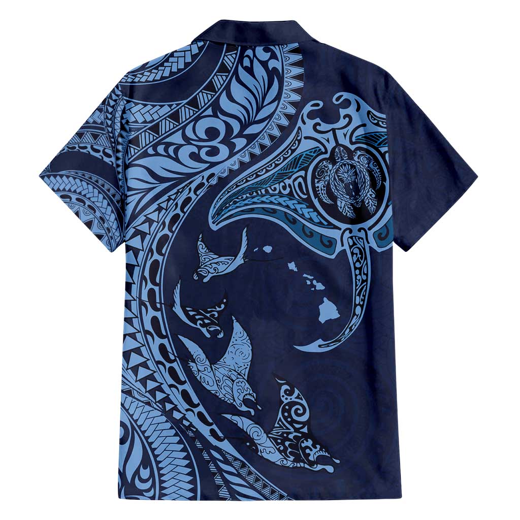 Hawaiian Manta Ray and Polynesian Tribal Tattoo Family Matching Tank Maxi Dress and Hawaiian Shirt Dark Navy Color LT03