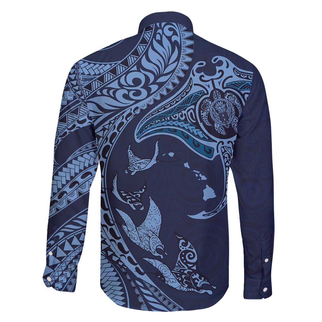 Hawaiian Manta Ray and Polynesian Tribal Tattoo Family Matching Tank Maxi Dress and Hawaiian Shirt Dark Navy Color LT03