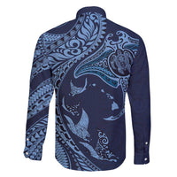 Hawaiian Manta Ray and Polynesian Tribal Tattoo Family Matching Tank Maxi Dress and Hawaiian Shirt Dark Navy Color LT03