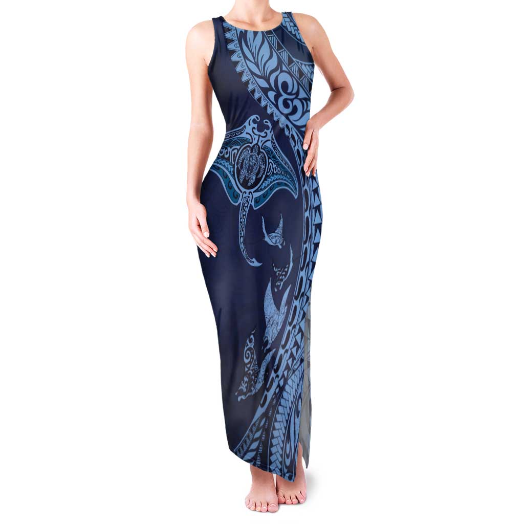 Hawaiian Manta Ray and Polynesian Tribal Tattoo Family Matching Tank Maxi Dress and Hawaiian Shirt Dark Navy Color LT03