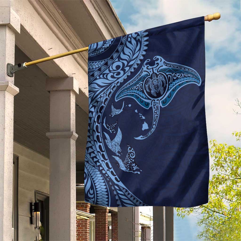 Hawaiian Manta Ray and Polynesian Tribal Tattoo Garden Flag Dark Navy Color LT03 House Flag Dark Navy - Polynesian Pride