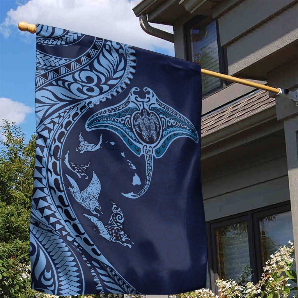 Hawaiian Manta Ray and Polynesian Tribal Tattoo Garden Flag Dark Navy Color LT03 - Polynesian Pride