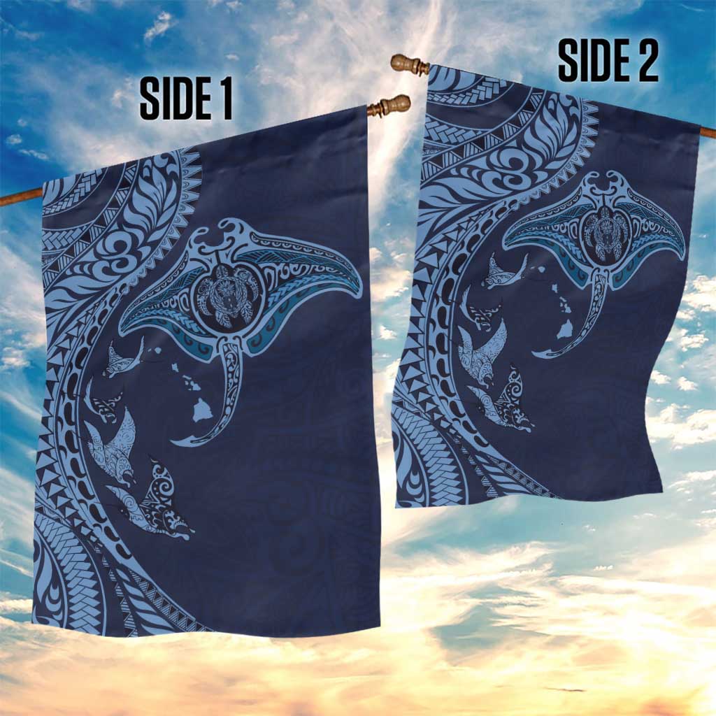 Hawaiian Manta Ray and Polynesian Tribal Tattoo Garden Flag Dark Navy Color LT03 - Polynesian Pride