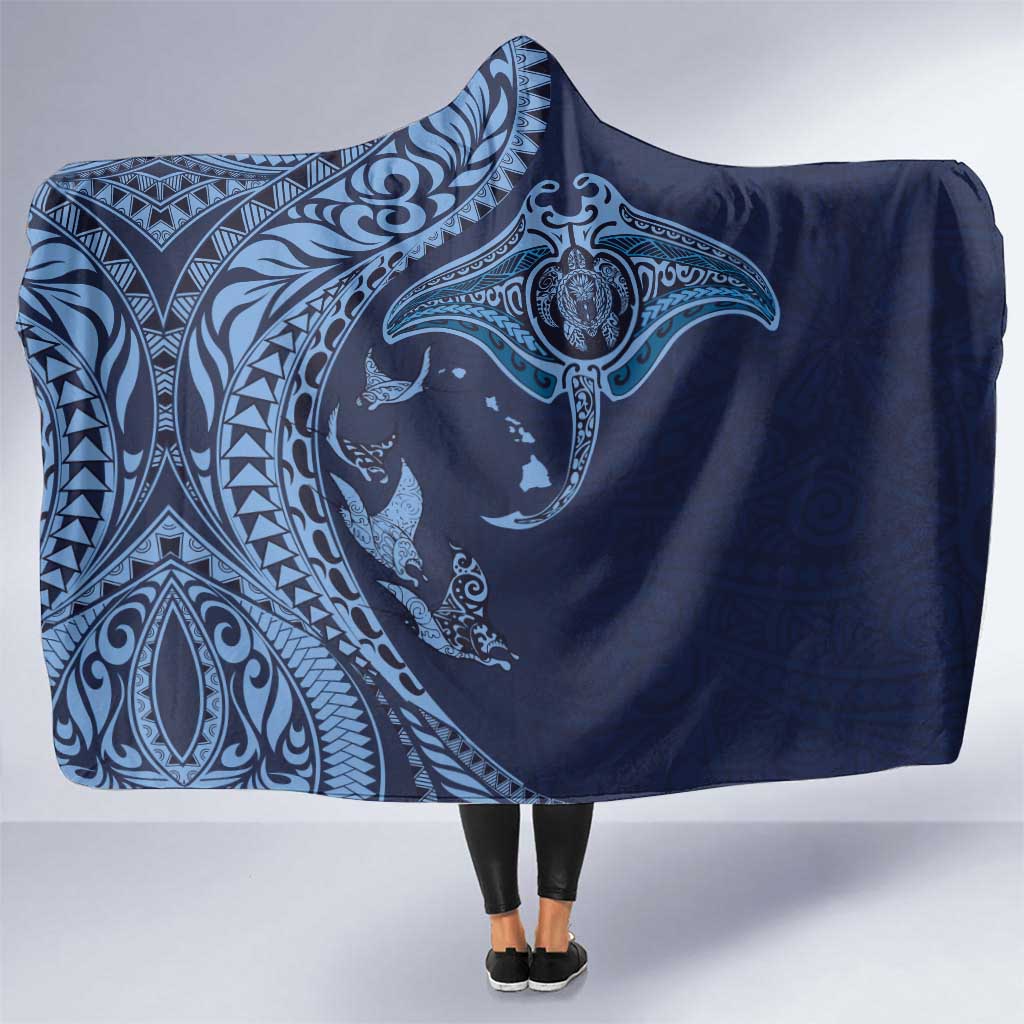 Hawaiian Manta Ray and Polynesian Tribal Tattoo Hooded Blanket Dark Navy Color LT03