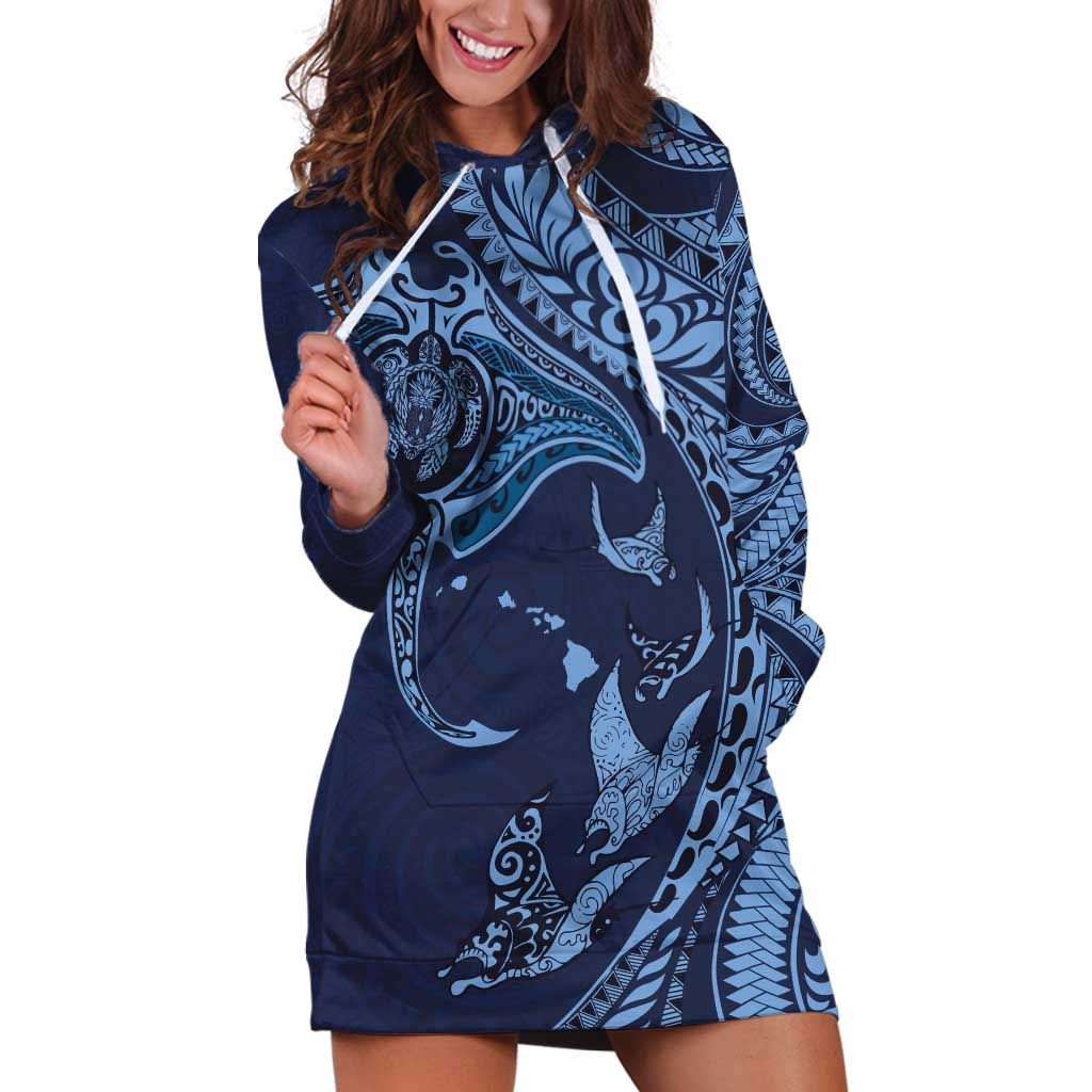 Hawaiian Manta Ray and Polynesian Tribal Tattoo Hoodie Dress Dark Navy Color LT03 Dark Navy - Polynesian Pride
