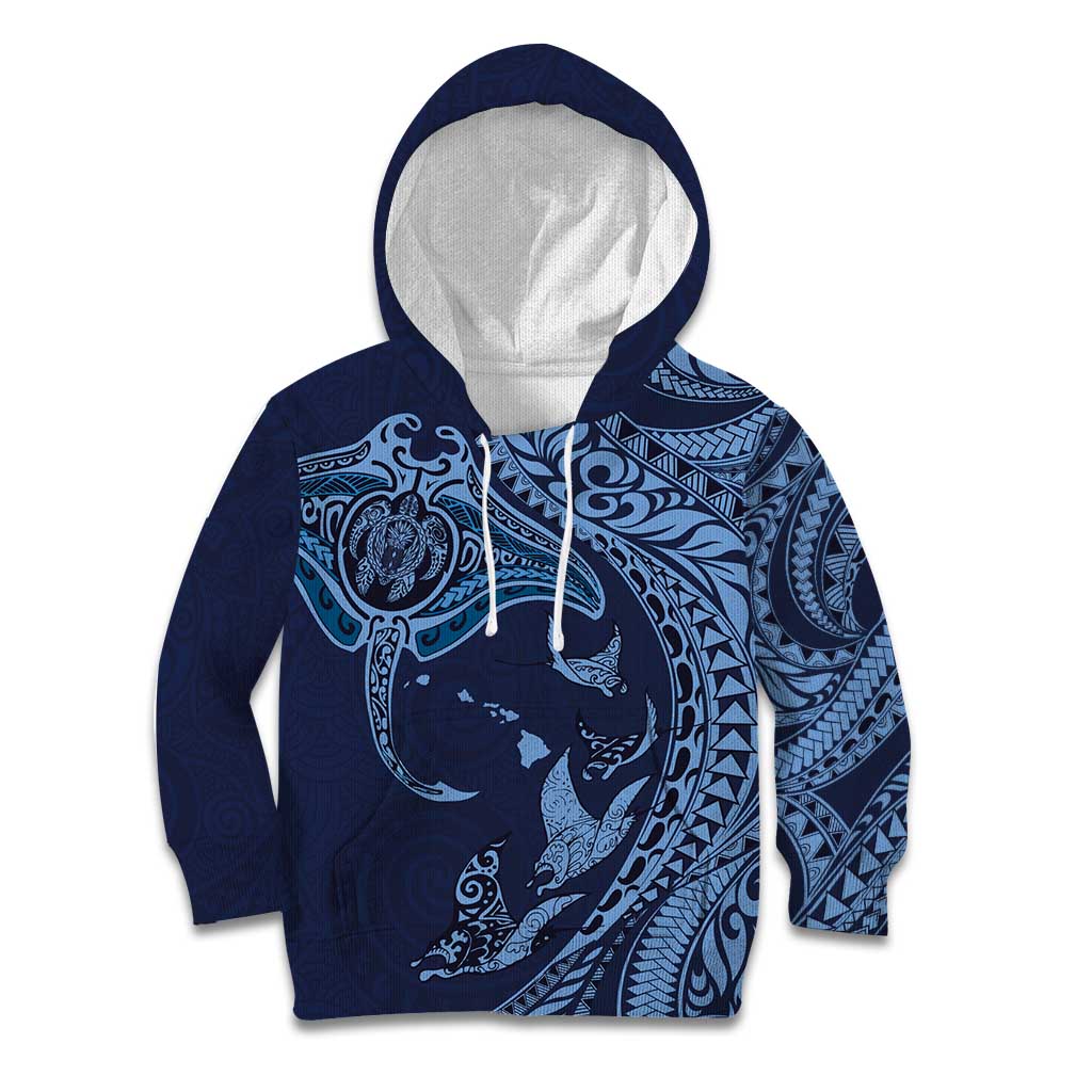Hawaiian Manta Ray and Polynesian Tribal Tattoo Kid Hoodie Dark Navy Color LT03