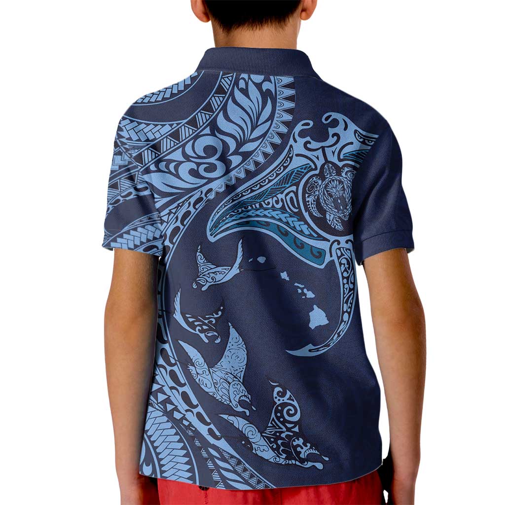 Hawaiian Manta Ray and Polynesian Tribal Tattoo Kid Polo Shirt Dark Navy Color LT03