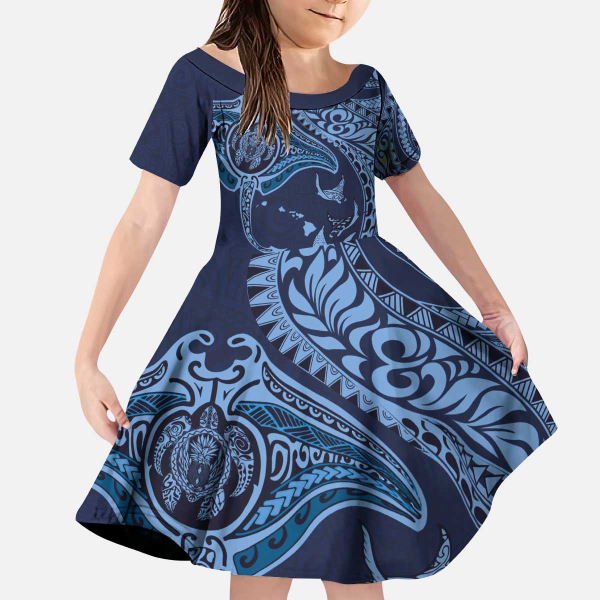 Hawaiian Manta Ray and Polynesian Tribal Tattoo Kid Short Sleeve Dress Dark Navy Color LT03