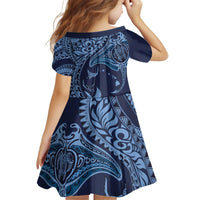Hawaiian Manta Ray and Polynesian Tribal Tattoo Kid Short Sleeve Dress Dark Navy Color LT03