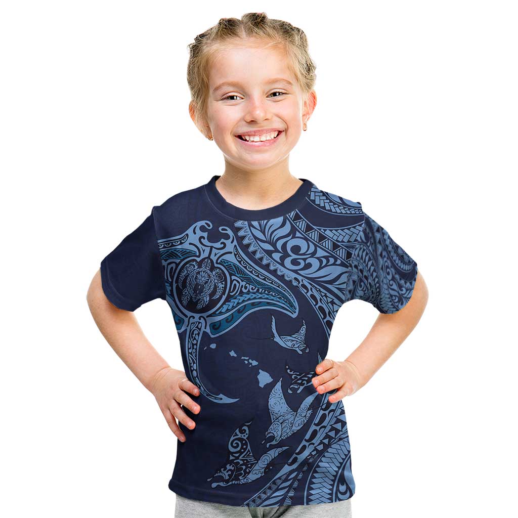 Hawaiian Manta Ray and Polynesian Tribal Tattoo Kid T Shirt Dark Navy Color LT03