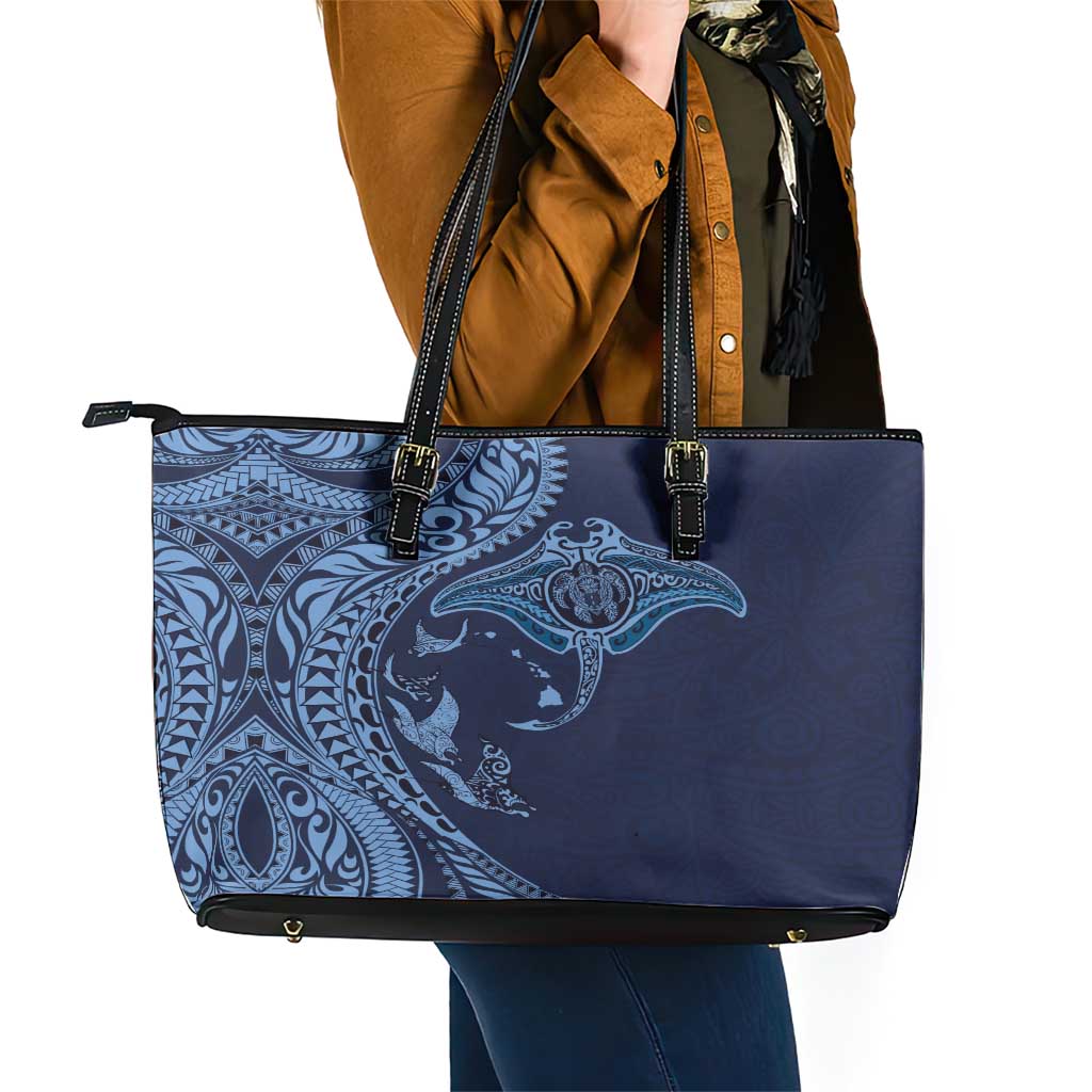 Hawaiian Manta Ray and Polynesian Tribal Tattoo Leather Tote Bag Dark Navy Color LT03 - Polynesian Pride