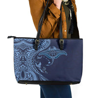 Hawaiian Manta Ray and Polynesian Tribal Tattoo Leather Tote Bag Dark Navy Color LT03 - Polynesian Pride
