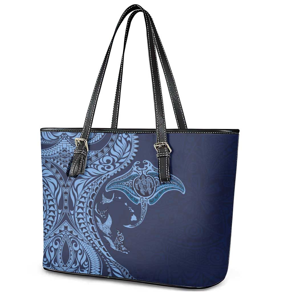 Hawaiian Manta Ray and Polynesian Tribal Tattoo Leather Tote Bag Dark Navy Color LT03 - Polynesian Pride