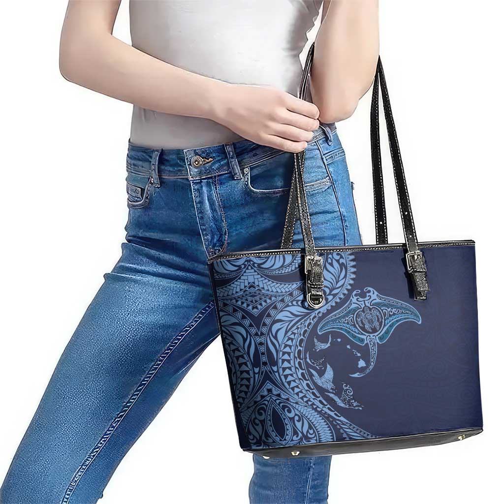 Hawaiian Manta Ray and Polynesian Tribal Tattoo Leather Tote Bag Dark Navy Color LT03 - Polynesian Pride