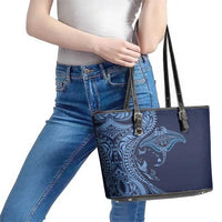 Hawaiian Manta Ray and Polynesian Tribal Tattoo Leather Tote Bag Dark Navy Color LT03 - Polynesian Pride