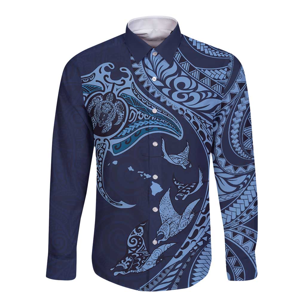 Hawaiian Manta Ray and Polynesian Tribal Tattoo Long Sleeve Button Shirt Dark Navy Color LT03