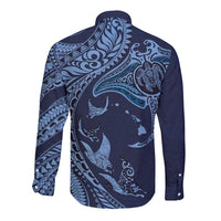 Hawaiian Manta Ray and Polynesian Tribal Tattoo Long Sleeve Button Shirt Dark Navy Color LT03