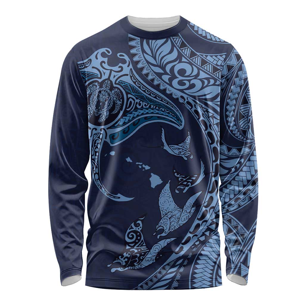 Hawaiian Manta Ray and Polynesian Tribal Tattoo Long Sleeve Shirt Dark Navy Color LT03