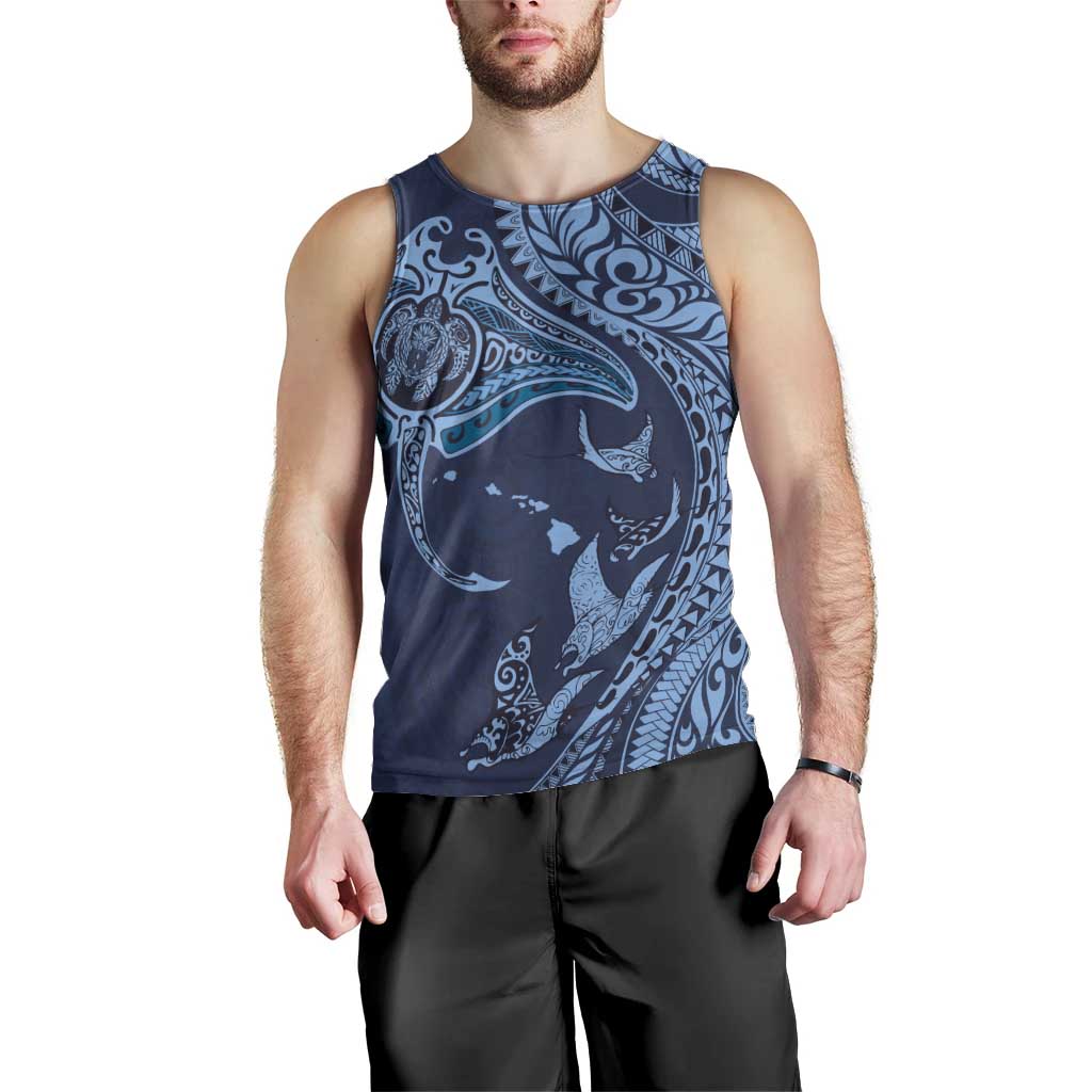 Hawaiian Manta Ray and Polynesian Tribal Tattoo Men Tank Top Dark Navy Color LT03 - Polynesian Pride