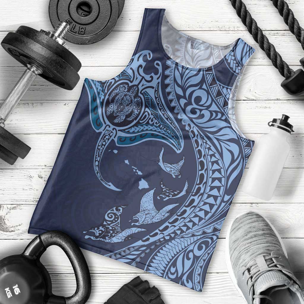Hawaiian Manta Ray and Polynesian Tribal Tattoo Men Tank Top Dark Navy Color LT03 - Polynesian Pride