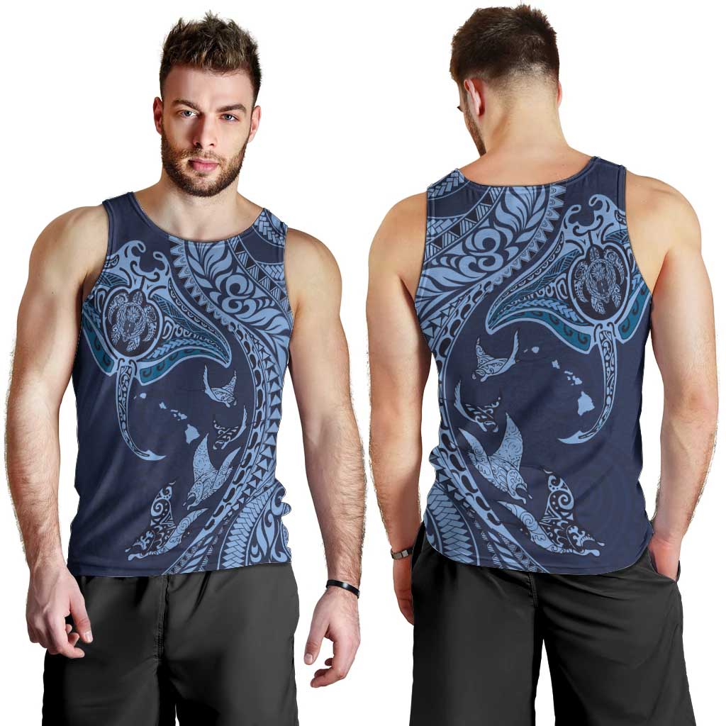 Hawaiian Manta Ray and Polynesian Tribal Tattoo Men Tank Top Dark Navy Color LT03 - Polynesian Pride