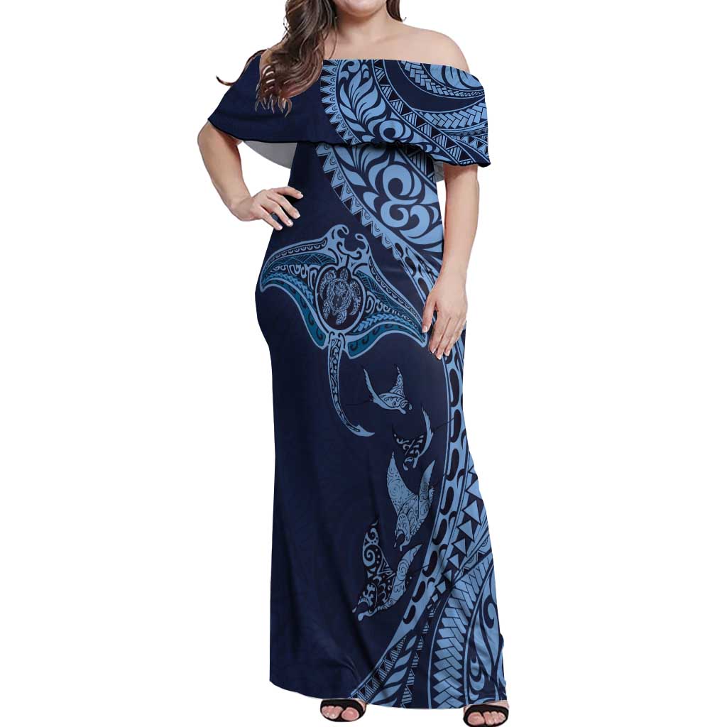 Hawaiian Manta Ray and Polynesian Tribal Tattoo Off Shoulder Maxi Dress Dark Navy Color LT03 Women Dark Navy - Polynesian Pride