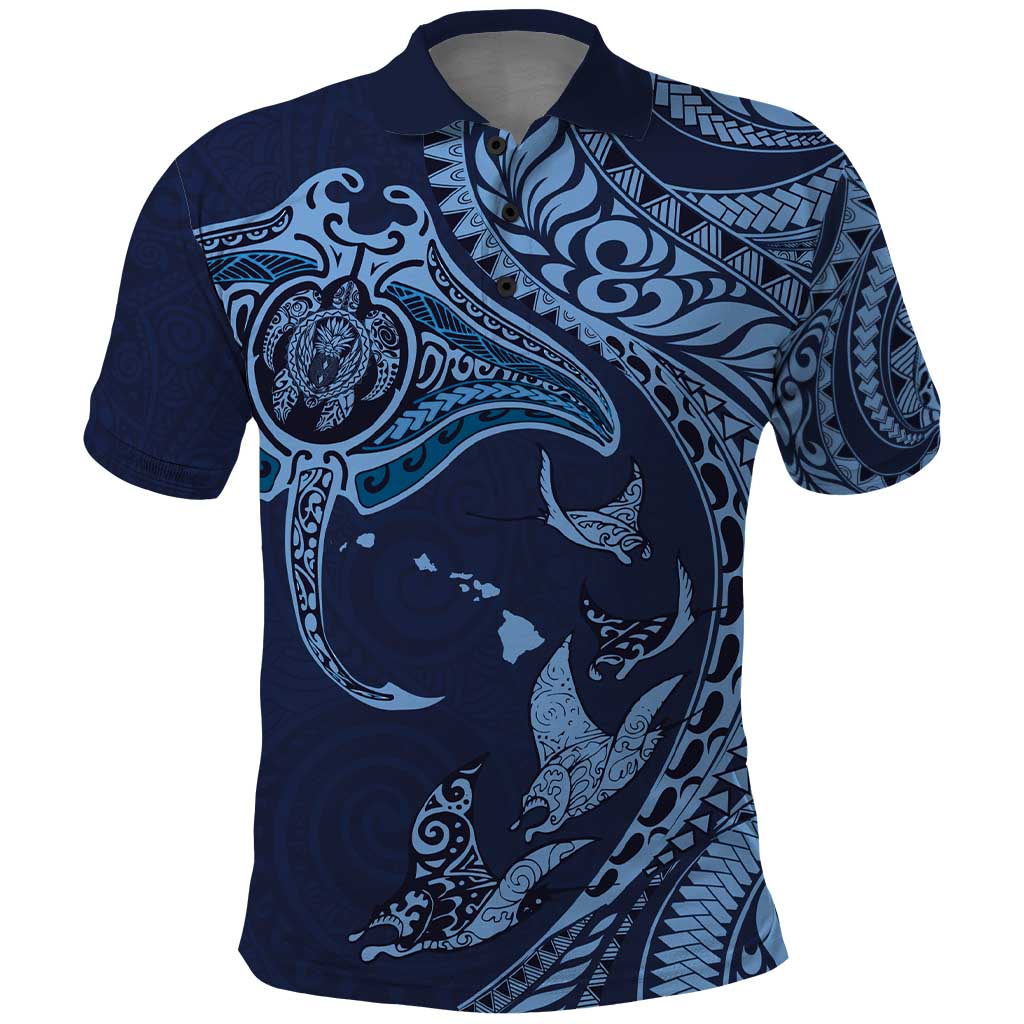 Hawaiian Manta Ray and Polynesian Tribal Tattoo Polo Shirt Dark Navy Color LT03
