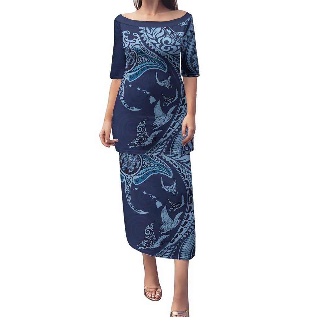 Hawaiian Manta Ray and Polynesian Tribal Tattoo Puletasi Dark Navy Color LT03 Long Dress Dark Navy - Polynesian Pride