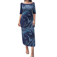 Hawaiian Manta Ray and Polynesian Tribal Tattoo Puletasi Dark Navy Color LT03 Long Dress Dark Navy - Polynesian Pride