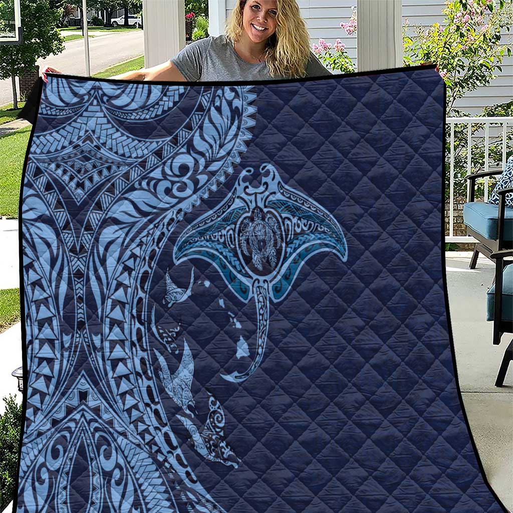 Hawaiian Manta Ray and Polynesian Tribal Tattoo Quilt Dark Navy Color LT03