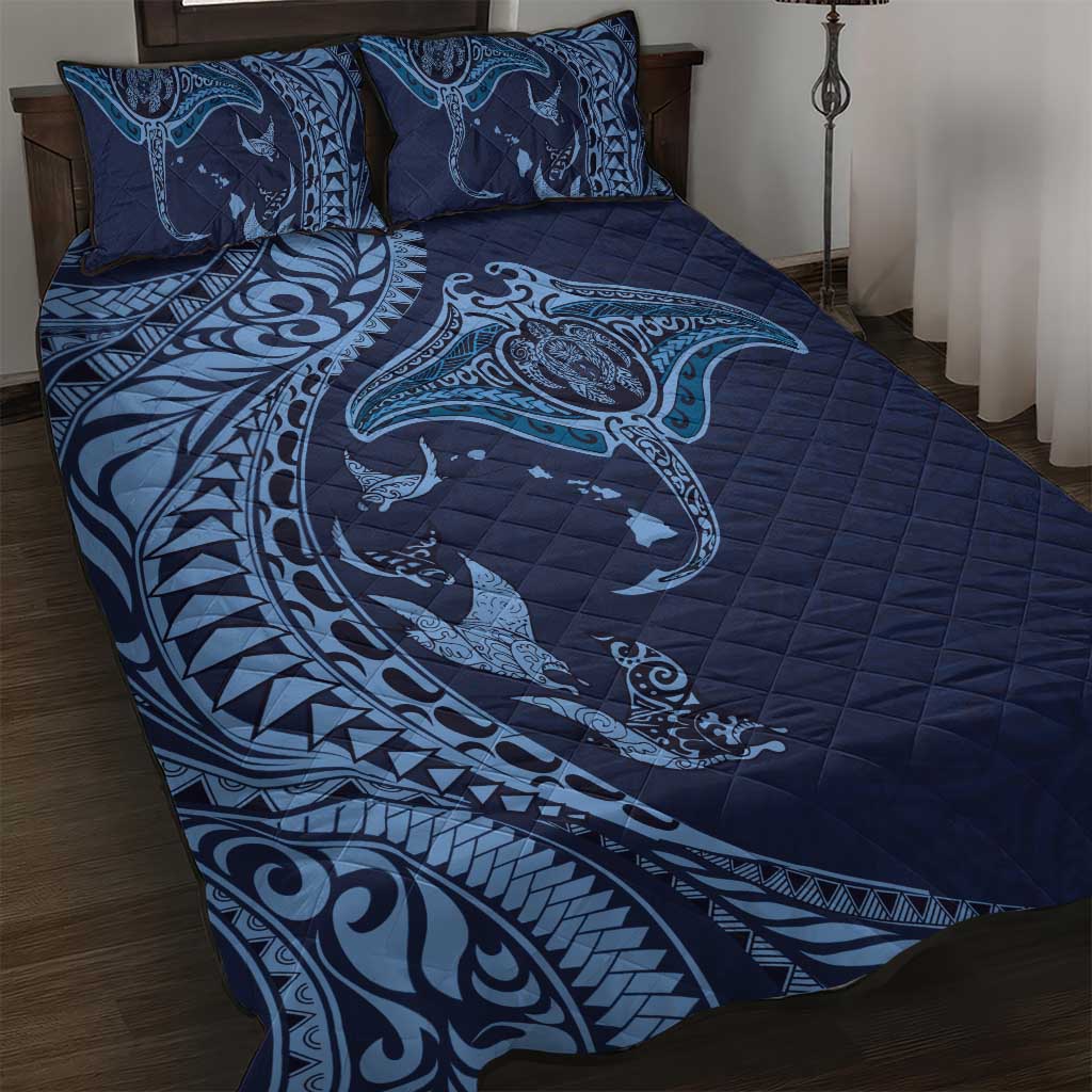 Hawaiian Manta Ray and Polynesian Tribal Tattoo Quilt Bed Set Dark Navy Color LT03