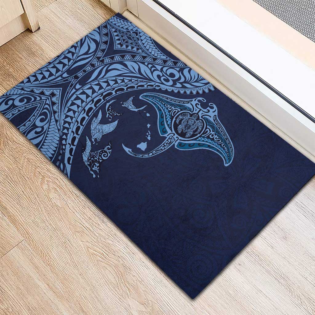 Hawaiian Manta Ray and Polynesian Tribal Tattoo Rubber Doormat Dark Navy Color LT03 - Polynesian Pride