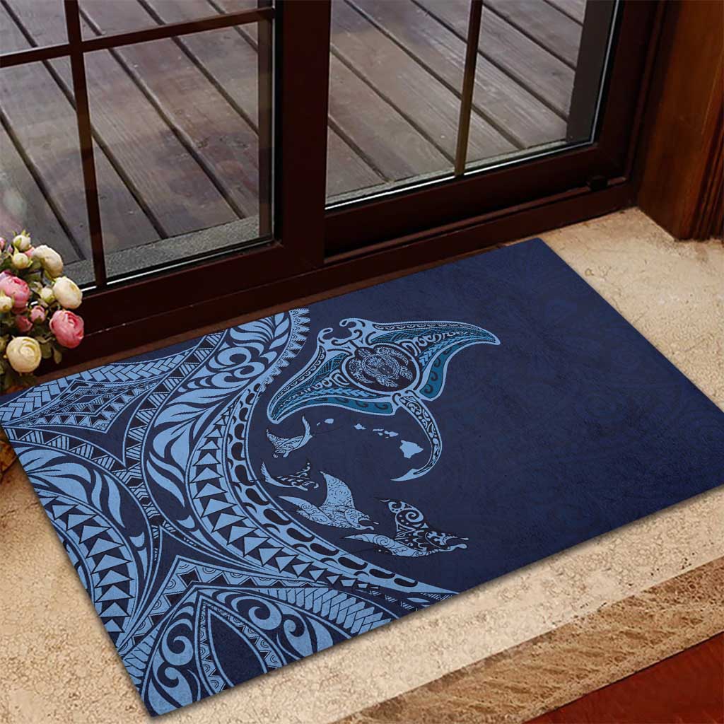 Hawaiian Manta Ray and Polynesian Tribal Tattoo Rubber Doormat Dark Navy Color LT03 - Polynesian Pride