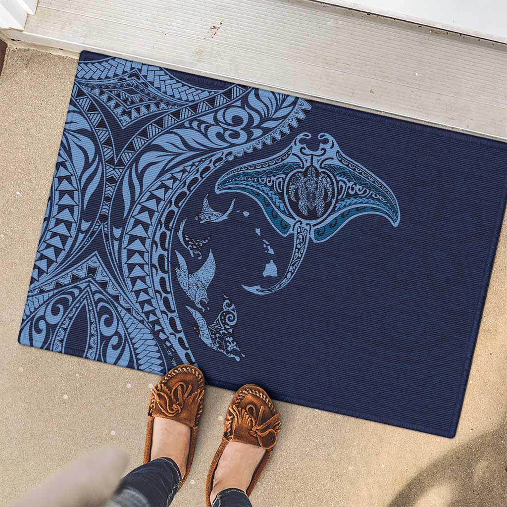 Hawaiian Manta Ray and Polynesian Tribal Tattoo Rubber Doormat Dark Navy Color LT03 - Polynesian Pride