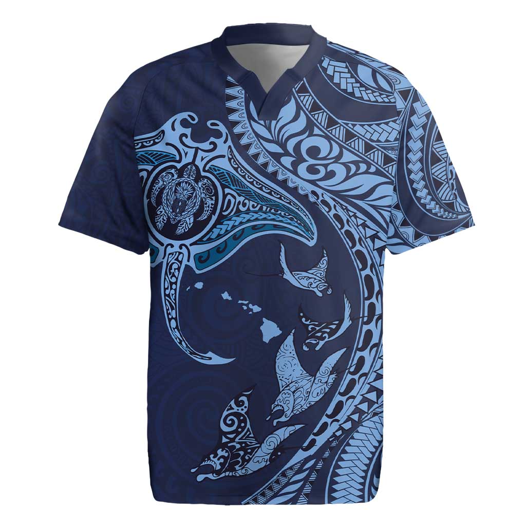 Hawaiian Manta Ray and Polynesian Tribal Tattoo Rugby Jersey Dark Navy Color LT03 Dark Navy - Polynesian Pride