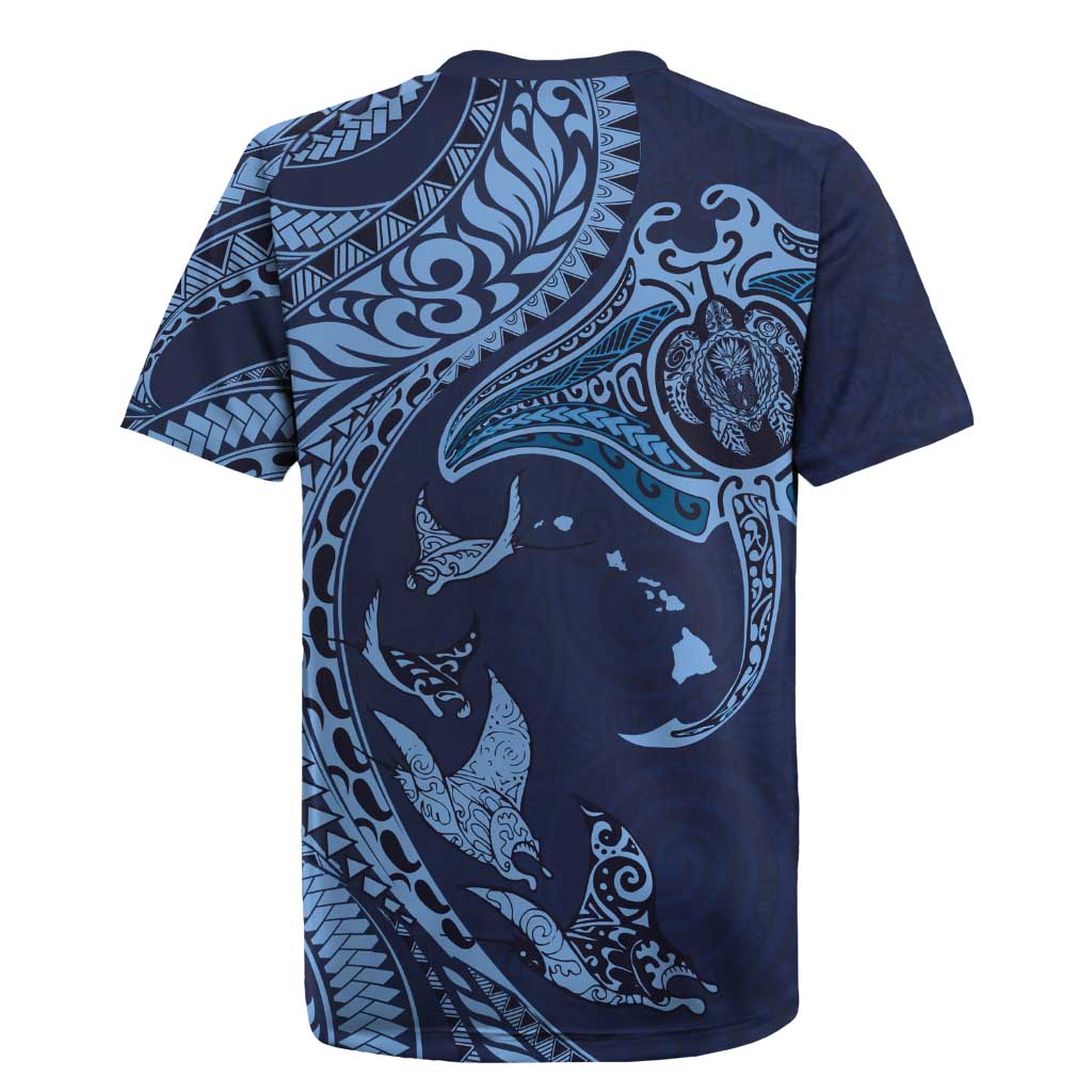 Hawaiian Manta Ray and Polynesian Tribal Tattoo Rugby Jersey Dark Navy Color LT03 - Polynesian Pride