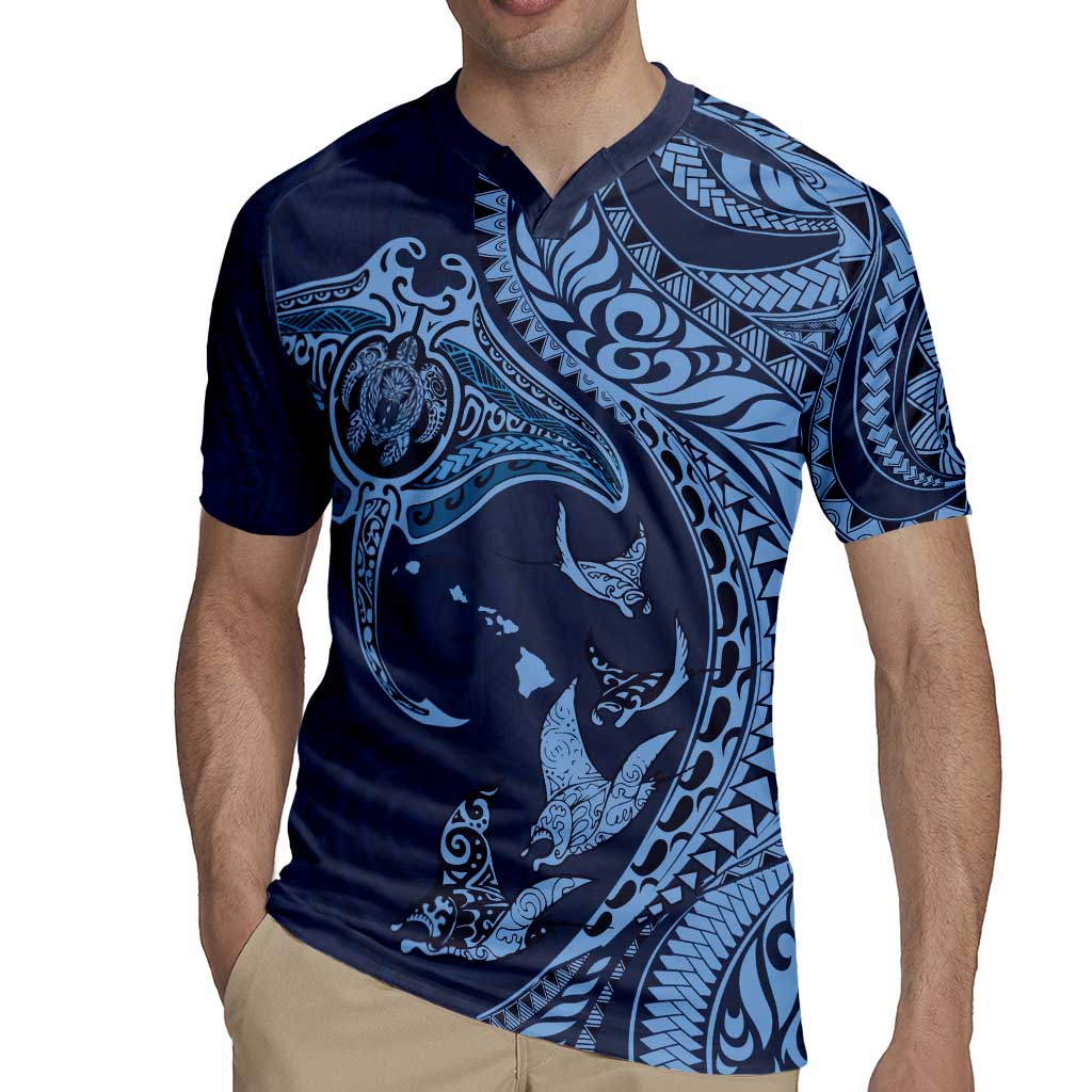 Hawaiian Manta Ray and Polynesian Tribal Tattoo Rugby Jersey Dark Navy Color LT03 - Polynesian Pride