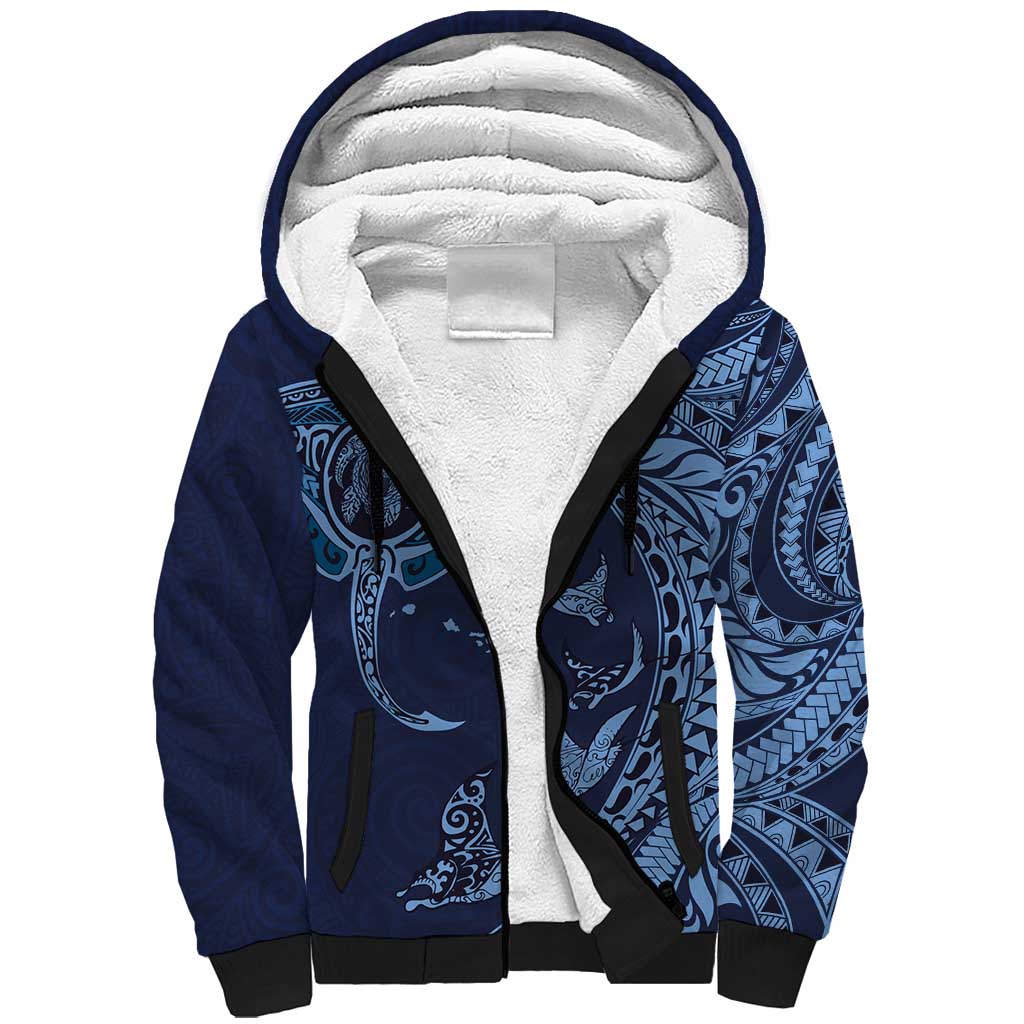 Hawaiian Manta Ray and Polynesian Tribal Tattoo Sherpa Hoodie Dark Navy Color LT03 Unisex Dark Navy - Polynesian Pride