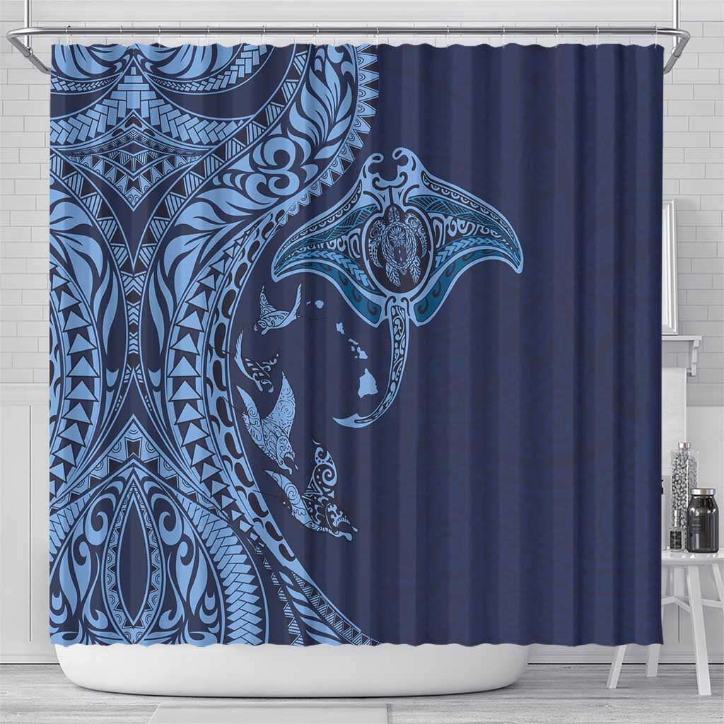 Hawaiian Manta Ray and Polynesian Tribal Tattoo Shower Curtain Dark Navy Color LT03