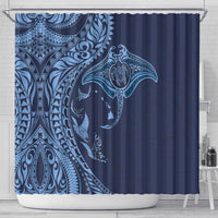 Hawaiian Manta Ray and Polynesian Tribal Tattoo Shower Curtain Dark Navy Color LT03