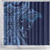 Hawaiian Manta Ray and Polynesian Tribal Tattoo Shower Curtain Dark Navy Color LT03