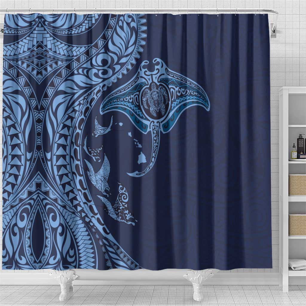 Hawaiian Manta Ray and Polynesian Tribal Tattoo Shower Curtain Dark Navy Color LT03