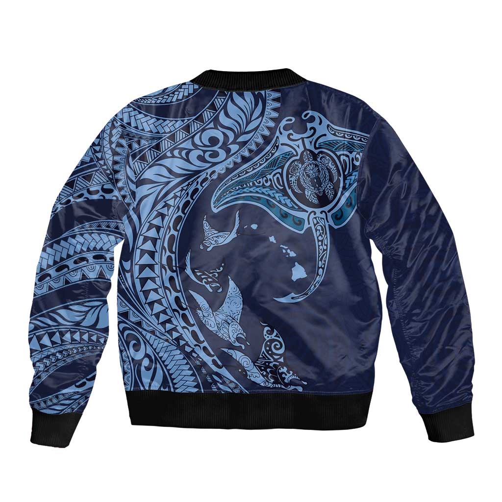 Hawaiian Manta Ray and Polynesian Tribal Tattoo Sleeve Zip Bomber Jacket Dark Navy Color LT03