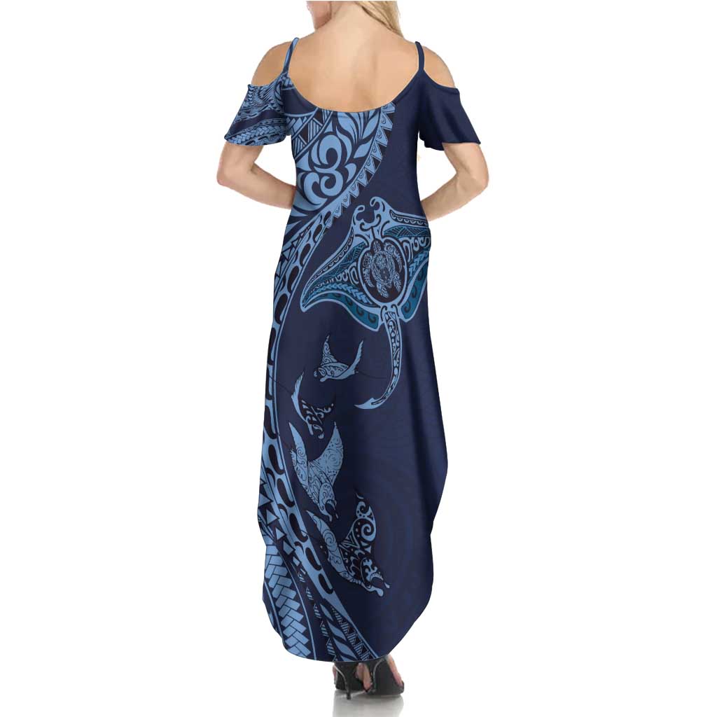 Hawaiian Manta Ray and Polynesian Tribal Tattoo Summer Maxi Dress Dark Navy Color LT03 - Polynesian Pride