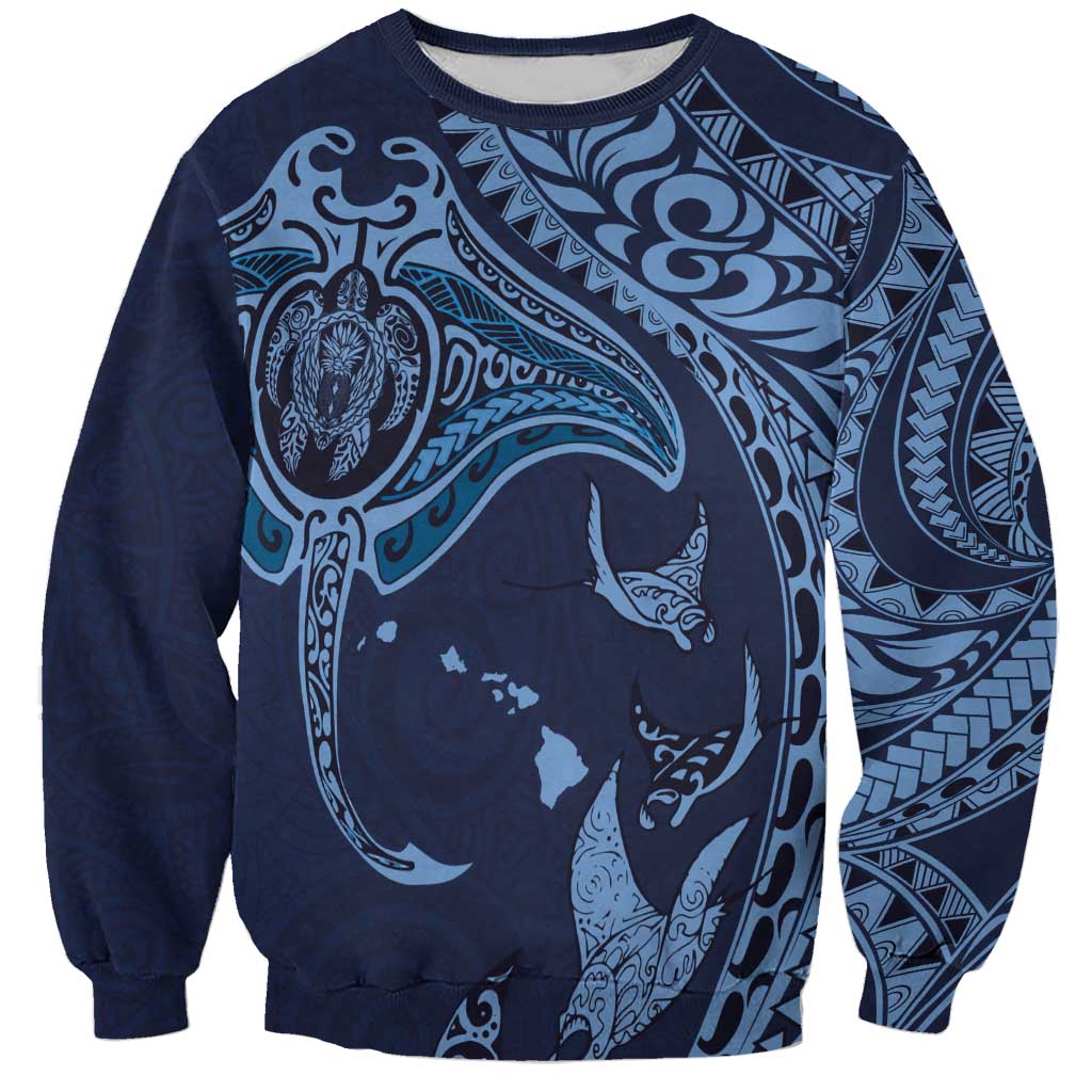 Hawaiian Manta Ray and Polynesian Tribal Tattoo Sweatshirt Dark Navy Color LT03 Unisex Dark Navy - Polynesian Pride
