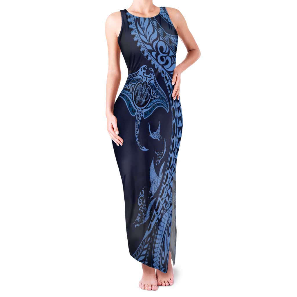Hawaiian Manta Ray and Polynesian Tribal Tattoo Tank Maxi Dress Dark Navy Color LT03 Women Dark Navy - Polynesian Pride