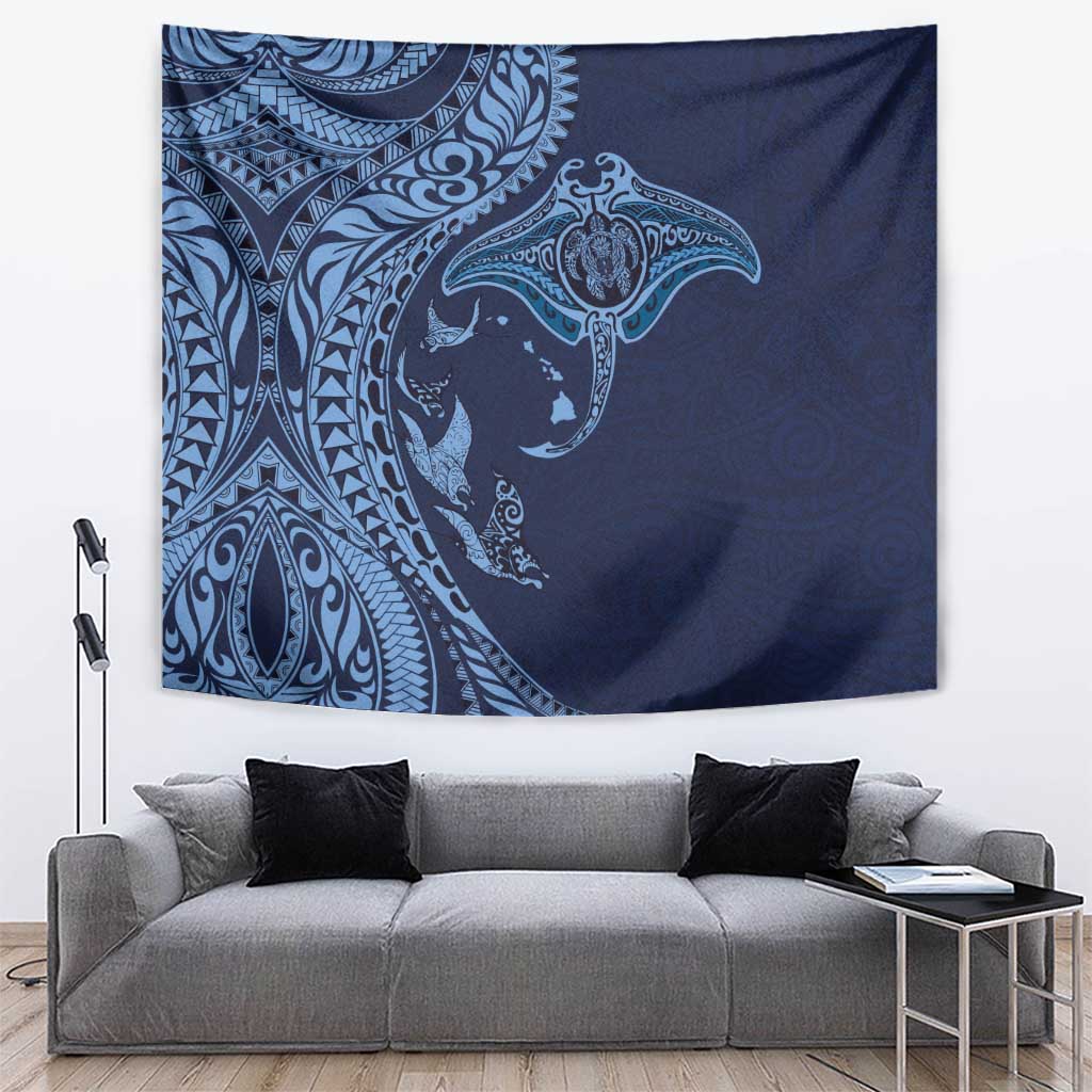 Hawaiian Manta Ray and Polynesian Tribal Tattoo Tapestry Dark Navy Color LT03