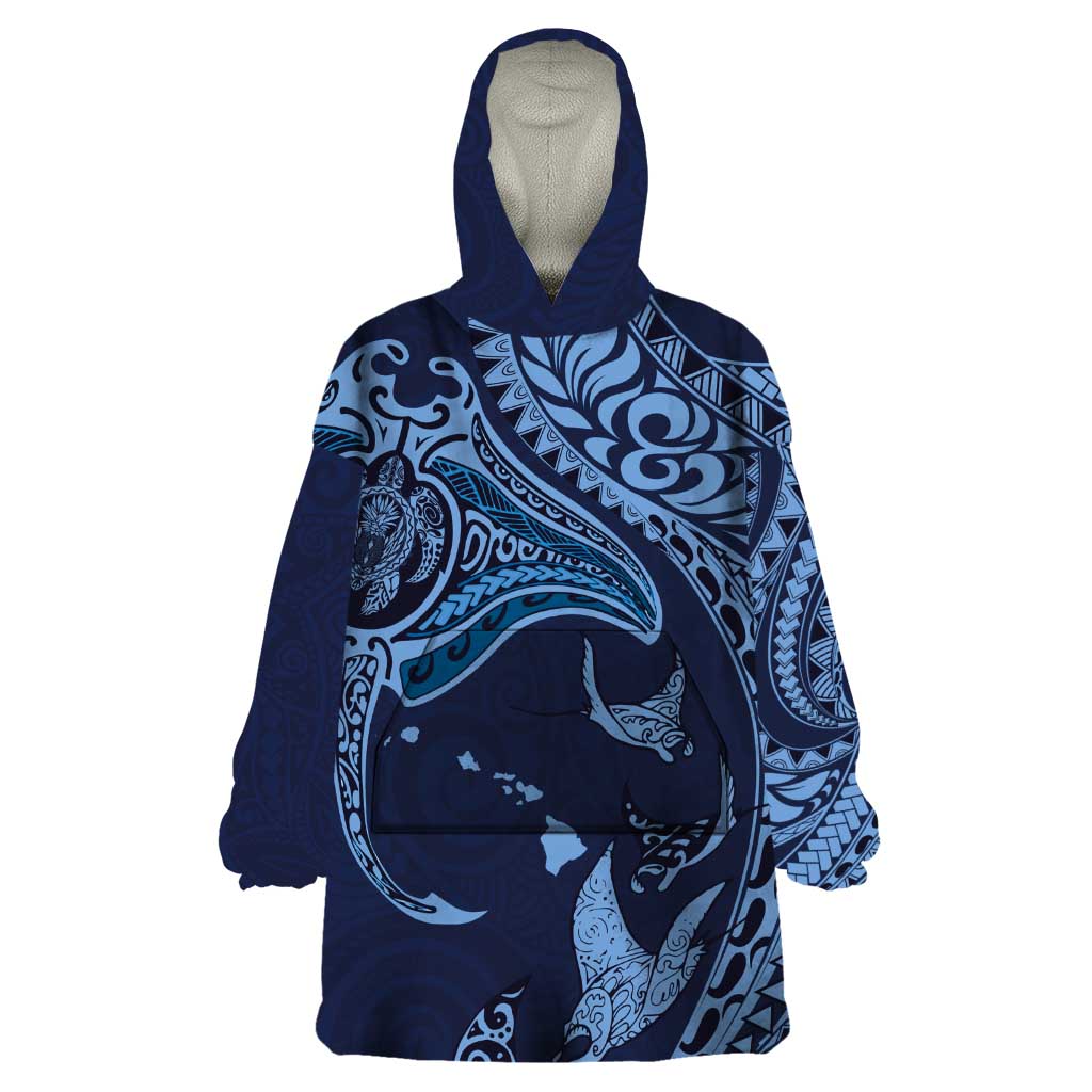 Hawaiian Manta Ray and Polynesian Tribal Tattoo Wearable Blanket Hoodie Dark Navy Color LT03