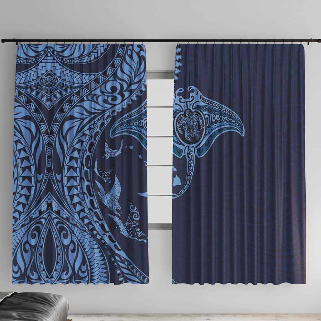 Hawaiian Manta Ray and Polynesian Tribal Tattoo Window Curtain Dark Navy Color LT03 With Hooks Dark Navy - Polynesian Pride