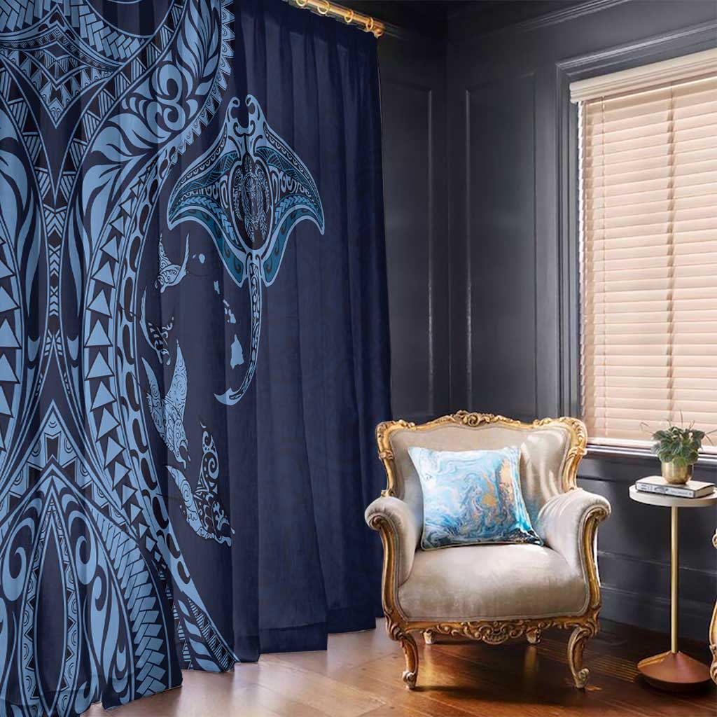 Hawaiian Manta Ray and Polynesian Tribal Tattoo Window Curtain Dark Navy Color LT03 - Polynesian Pride